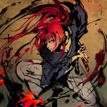  bangs black_legwear blood blue_eyes commentary ein_lee english_commentary glowing glowing_eyes himura_kenshin japanese_clothes katana long_hair long_sleeves male_focus ponytail ready_to_draw red_hair rurouni_kenshin sandals solo sword tabi weapon younger zouri 