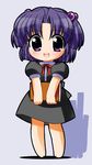  barefoot blue_hair book chibi child clannad dress hair_bobbles hair_ornament ichinose_kotomi nal_(studio_ng) purple_eyes short_hair solo two_side_up 