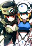  bad_id bad_pixiv_id blonde_hair blue_eyes blush bodysuit breasts cleavage copyright_request large_breasts mecha_musume multiple_girls red_eyes rondo_bell short_hair smile 