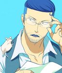  adjusting_eyewear bad_id bad_pixiv_id beard blue_hair facial_hair glasses iceburg jii lowres male_focus one_piece solo tyrannosaurus_(one_piece) 