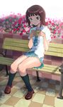  amami_haruka bench book emanon123 highres idolmaster idolmaster_(classic) kneehighs necktie rough_time_school school_uniform shoes sitting socks solo thighs 