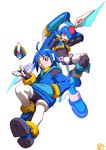  :d ahoge ankle_boots arm_up blue_footwear blue_hair blue_vest boots closed_mouth floating floating_object full_body hand_in_pocket helmet holding holding_weapon hood hood_down hooded_jacket jacket long_sleeves looking_at_viewer official_art open_mouth pink_eyes pocket rockman rockman_zx smile thetis vest weapon 