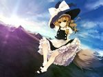  blonde_hair braid broom broom_riding chinchickrin cloud day dutch_angle grin hand_on_headwear hat hat_ribbon kirisame_marisa looking_at_viewer mary_janes mountain ribbon shoes short_hair side_braid sidesaddle sky smile socks solo sun sunlight touhou witch witch_hat 