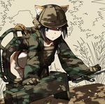  bad_id bad_pixiv_id blue_eyes bottomless copyright_request helmet mecha_musume military military_uniform ningen_(ningen96) solo sweat tail type_97_chi-ha_(personification) uniform 