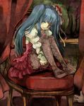  bad_id bad_pixiv_id bangs blue_eyes blue_hair chair choker curtains dress end_of_the_golden_witch feet_on_chair flower frame furudo_erika hair_flower hair_ornament isago_(ica) leg_hug light_smile long_hair looking_at_viewer no_shoes painting_(object) pantyhose print_legwear puffy_sleeves red_flower red_rose rose sidelocks sitting solo twintails umineko_no_naku_koro_ni 