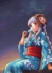  amami_haruka blue_kimono character_mask floral_print food idolmaster idolmaster_(classic) japanese_clothes kimono mask night night_sky popsicle print_kimono shijou_takane sitting sky solo yakusa yukata 