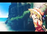  alternate_headwear blonde_hair fang flandre_scarlet flower hat house leaning_forward letterboxed long_sleeves nu_(plastic_eraser) ocean open_mouth red_eyes road scenery short_hair smile solo street sun_hat touhou wallpaper 