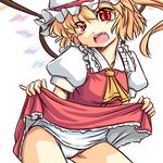  bad_id bad_pixiv_id blonde_hair dress dress_lift fang flandre_scarlet hat kakkou looking_at_viewer lowres one_side_up open_mouth pinky_out ponytail red_eyes school_swimsuit short_hair smile solo swimsuit swimsuit_under_clothes touhou white_swimsuit wings 