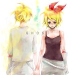  1girl aono_(cmns) aqua_eyes arms_at_sides back bad_id bad_pixiv_id bare_shoulders blonde_hair breasts camisole closed_mouth cowboy_shot facing_away ghost_(vocaloid) gloves hair_ribbon headphones highres holding_hands interlocked_fingers kagamine_len kagamine_rin looking_at_viewer pants ponytail red_ribbon ribbon short_hair side-by-side single_glove sleeveless small_breasts song_name vocaloid white_background white_gloves 