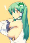  1girl armpits breasts closed_mouth detached_sleeves frog green_hair hair_ornament kochiya_sanae large_breasts long_hair no_bra orange_eyes sideboob simple_background solo staring touhou uro when_you_see_it 