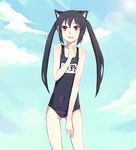  animal_ears bad_id bad_pixiv_id black_hair brown_eyes cat_ears cloud day embarrassed hao_(patinnko) k-on! lens_flare nakano_azusa one-piece_swimsuit school_swimsuit sidelocks sky solo swimsuit twintails 