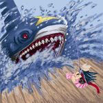  beanie blue_hair boots fishing gen_3_pokemon hat hikari_(pokemon) kitsune-tsuki_(getter) pink_footwear pokemon pokemon_(creature) pokemon_(game) pokemon_dppt scarf shark sharpedo skirt water 