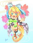  alternate_hairstyle blonde_hair blue_eyes chibi fang hair_ornament hair_ribbon hairclip japanese_clothes kagamine_rin kimono long_hair ouka_ryouran_(vocaloid) ponytail ribbon ryoto_soukyuu sandals solo very_long_hair vocaloid yukata 