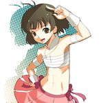  abs akizuki_ryou antennae armband azuma_reiharu bandages bow brown_eyes cross crossdressing cute_&amp;_girly_(idolmaster) idolmaster idolmaster_dearly_stars jewelry male_focus midriff muscle necklace open_mouth otoko_no_ko ribbon sarashi smile solo wrist_cuffs 