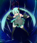  aka_ume aqua_eyes aqua_hair colored_eyelashes detached_sleeves eyelashes green_eyes hatsune_miku headphones headset long_hair necktie skirt smile solo spring_onion thighhighs twintails vocaloid zettai_ryouiki 