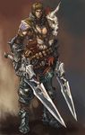  armor bad_id bad_pixiv_id blonde_hair boots dual_wielding gauntlets greaves highres holding lieqi_hun male_focus original skull solo sword tattoo weapon 