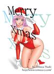  bare_shoulders bent_over blue_eyes breasts christmas cleavage collar copyright_request curvy gloves hat kneeling large_breasts leather lipstick makeup pink_hair purple_hair santa_costume santa_hat skin_tight smile socks solo star white_gloves yuuki_tomoka 