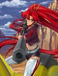  anti-materiel_rifle belt boots foreshortening gun jacket long_hair paintpixel ponytail red_hair rifle short_shorts shorts sniper_rifle solo studded_belt tengen_toppa_gurren_lagann thigh_boots thighhighs weapon yellow_eyes yoko_littner 