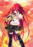  alastor_(shakugan_no_shana) highres itou_noiji jewelry long_hair midriff navel pendant pointing red red_hair scan school_uniform shakugan_no_shana shana smile sword thighhighs weapon zettai_ryouiki 