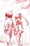  1girl genderswap genderswap_(mtf) holding_hands lowres mako_(omega_plus) monochrome naruko naruto naruto_(series) red twintails uchiha_sasuke 