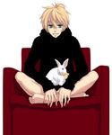  barefoot blonde_hair blue_eyes bunny feet full_body kagamine_len lowres male_focus ponytail ribbon simple_background sitting solo spice!_(vocaloid) vocaloid yunomi_(yunomi_imonuy) 