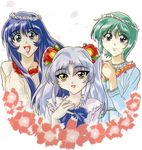  90s blue_eyes blue_hair blush flower gotou_keiji green_hair hair_flower hair_ornament happy hoshino_ruri kidou_senkan_nadesico long_hair misumaru_yurika multiple_girls petals short_hair silver_hair smile subaru_ryoko twintails yellow_eyes 