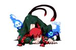  animal_ears back braid cat_ears cat_tail hands kaenbyou_rin multiple_tails one_eye_closed oso_(toolate) red_eyes red_hair solo tail top-down_bottom-up touhou twin_braids 