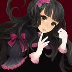  bangs black_eyes black_hair blunt_bangs bow curly_hair dress flower gloves hair_flower hair_ornament highres lace lips long_hair matayoshi original ribbon solo white_gloves 