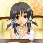  animal_ears aruruw black_hair bokunoryuugi dog_ears eating food ice_cream looking_at_viewer orange_eyes pov_across_table pov_dating restaurant solo sundae utawareru_mono 