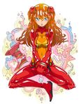  9aki blue_eyes bodysuit breasts brown_hair cleavage hair_ornament hairclip highres large_breasts long_hair multicolored multicolored_bodysuit multicolored_clothes neon_genesis_evangelion orange_bodysuit plugsuit rebuild_of_evangelion red_bodysuit shikinami_asuka_langley shiny solo souryuu_asuka_langley star test_plugsuit 
