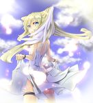  blonde_hair blue_eyes cloud day dress dress_lift feathers highres ichi_makoto long_hair looking_back original sky solo twintails wing_ears 
