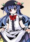  blue_hair fa_no_hito food fruit hat hinanawi_tenshi long_hair peach red_eyes solo touhou wrist_cuffs 