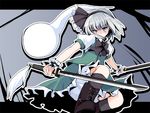  black_hairband blue_eyes boots dual_wielding fa_no_hito ghost hairband hitodama holding katana konpaku_youmu konpaku_youmu_(ghost) short_hair silver_hair solo sword touhou weapon wrist_cuffs 