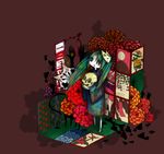  aqua_eyes bad_id bad_pixiv_id black_eyes flower fox_mask green_hair hanafuda hatsune_miku japanese_clothes kagi_(pixiv137860) kimono long_hair mask musunde_hiraite_rasetsu_to_mukuro_(vocaloid) seigaiha skull smile solo twintails vocaloid yukata 