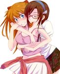  blue_eyes breasts brown_hair cleavage clenched_teeth closed_eyes clothes_around_waist ebimayo glasses hairband hug long_hair makinami_mari_illustrious medium_breasts midriff multiple_girls navel neon_genesis_evangelion orange_hair plaid plaid_skirt pleated_skirt rebuild_of_evangelion shikinami_asuka_langley skirt smile souryuu_asuka_langley strap_slip sweater sweater_around_waist teeth white_skirt yuri 