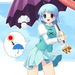  blue_eyes blue_hair heterochromia karakasa_obake purple_umbrella red_eyes short_hair skirt solo tatara_kogasa teruterubouzu tongue touhou umbrella upside-down yamasan 