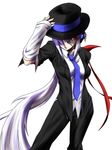  cosplay detached_sleeves fedora formal hat jin_(mugenjin) long_hair michael_jackson michael_jackson_(cosplay) necktie pant_suit ponytail real_life red_eyes silver_hair smooth_criminal solo suit very_long_hair vocaloid voyakiloid yowane_haku 