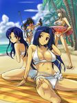  bare_shoulders barefoot beach bikini black_hair blue_hair bow bow_bikini bracelet breasts cloud day feet fish front-tie_top ganaha_hibiki high_ponytail idolmaster idolmaster_(classic) innertube jewelry kisaragi_chihaya large_breasts long_hair michael miura_azusa multiple_girls navel ocean outdoors polearm ponytail sandals shijou_takane side-tie_bikini silver_hair sky soles spear swimsuit towel trident weapon 