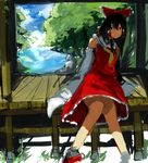  bad_id bad_pixiv_id black_hair bow day detached_sleeves hair_bow hakurei_reimu legs long_hair outdoors sitting solo touhou tree un-known_(ninesix) 