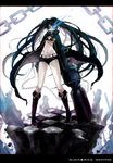  arm_cannon black_hair black_rock_shooter black_rock_shooter_(character) burning_eye chain checkered glowing glowing_eye legs letterboxed long_hair navel pisuke scar solo twintails very_long_hair weapon 