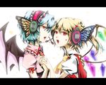  blonde_hair blood blue_hair butterfly_wings flandre_scarlet headphones headset holding_hands izumo_sakuto letterboxed magnet_(vocaloid) multiple_girls open_mouth parody red_eyes remilia_scarlet siblings sisters touhou vocaloid wings 