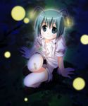  antennae bad_id bad_pixiv_id bandaid bandaid_on_knee blouse buttons fireflies flat_chest green_eyes green_hair looking_at_viewer looking_up night short_hair shorts smile solo touhou umekichi wriggle_nightbug 