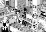  animal_ears ascot asymmetrical_wings bow brooch bruce_springsteen detached_sleeves dress electric_guitar greyscale guitar hair_bow hair_tubes hakurei_reimu hat houjuu_nue instrument jewelry kasodani_kyouko kirisame_marisa long_hair loudspeaker maribel_hearn maruhachi_(maruhachi_record) monochrome multiple_girls mystia_lorelei necktie no_hat no_headwear record record_store ribbon shop short_hair smile squatting the_doors touhou u2 usami_renko wings 