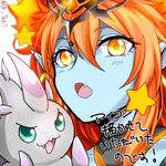  7hako blue_skin collarbone creature demon_girl demon_horns devilit fang hera-ur_(p&amp;d) hera_(p&amp;d) horns long_hair lowres open_mouth orange_hair pointy_ears puzzle_&amp;_dragons simple_background solo star tiara twitter_username upper_body white_background yellow_eyes 