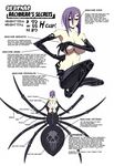  alternate_hair_color arachne ass backboob breasts carapace character_profile claws colorized covering_nipples extra_eyes hair_between_eyes hair_over_one_eye hard_translated highres insect_girl large_breasts monster_girl monster_musume_no_iru_nichijou multiple_legs nude okayado purple_hair rachnera_arachnera red_eyes simple_background skull solo spider_girl white_background 