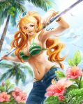  armpits bangle bikini bracelet breasts denim earrings eykihan flower green_bikini hibiscus highleg highleg_bikini highleg_swimsuit jeans jewelry large_breasts long_hair midriff nami_(one_piece) navel one_piece orange_hair over_shoulder pants pink_flower smile solo staff swimsuit swimsuit_under_clothes tattoo underboob weapon weapon_over_shoulder 