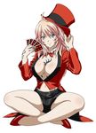  black_shorts breasts card cleavage collarbone grey_eyes hat holding holding_card ikkitousen ikkitousen_eloquent_fist large_breasts looking_at_viewer navel red_hat shibai_chuutatsu shorts simple_background sitting smile solo tattoo white_background 