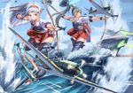  aerial_battle aircraft airplane alternate_hairstyle arrow battle black_legwear bow_(weapon) brown_eyes brown_hair day dogfight doraxi drawing_bow enemy_aircraft_(kantai_collection) explosion fairy_(kantai_collection) fire firing gloves hairband highres japanese_clothes kantai_collection long_hair multiple_girls muneate n1k ocean open_mouth partly_fingerless_gloves ponytail purple_hair shoukaku_(kantai_collection) signature sky smile thighhighs water weapon white_hair yugake zettai_ryouiki zuikaku_(kantai_collection) 