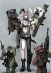  animal_ears assault_rifle asymmetrical_legwear bikini_top bunny_ears combat_knife fgm-148_javelin gas_mask gun highres holster imi_uzi jittsu knife long_hair m249 m4_carbine machine_gun original rifle shorts stuffed_animal stuffed_toy submachine_gun teddy_bear weapon 