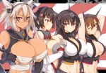  arms_behind_head arms_up black-framed_eyewear black_gloves black_hair blush breast_lift breasts brown_eyes brown_hair budget_sarashi bursting_breasts cleavage dark_skin fingerless_gloves flower glasses gloves hair_flower hair_ornament headgear huge_breasts kantai_collection large_breasts long_hair looking_at_viewer multiple_girls musashi_(kantai_collection) mutsu_(kantai_collection) nagato_(kantai_collection) navel one_eye_closed ro-ga_(kurumaya) sarashi smile sweatdrop two_side_up upper_body yamato_(kantai_collection) 